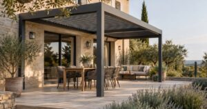 Pergola aluminium installée sur la terrasse d’une maison méditerranéenne