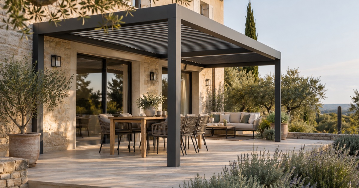 Pergola aluminium installée sur la terrasse d’une maison méditerranéenne
